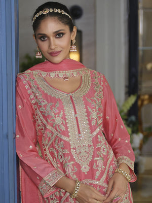 Rajwada Pink Chinon Embroidered Semi-Stitched Kurta Set For Women