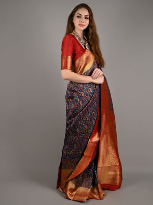 Blue Modal Woven Saree With Unstitched Blouse