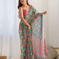 Rajwada Green And Orange Chinon Printed Saree With Unstitched Blouse For Women