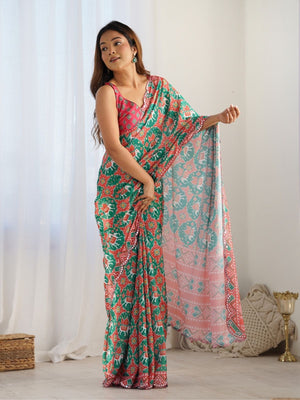Rajwada Green And Orange Chinon Printed Saree With Unstitched Blouse For Women