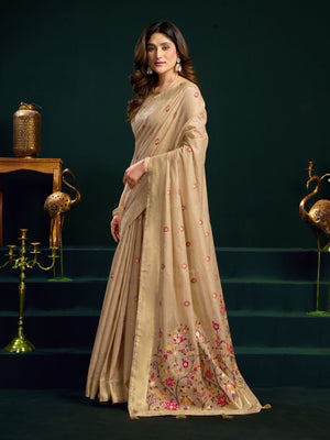 Rajwada Beige Cotton Blend Printed Saree For Women