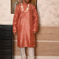 Rajwada Orange Printed Embroidered Silk Blend Traditional Kurta Set For Men