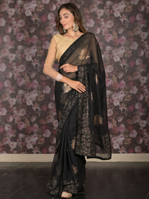 Rajwada Black Foil Printed Chiffon Saree with Unstitched Blouse for Women