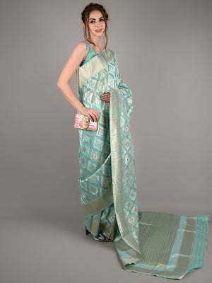 Blue Linen Woven Saree With Unstitched Blouse