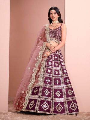 Rajwada Wine Art Silk Embellished Semi-Stitched lehenga For Women