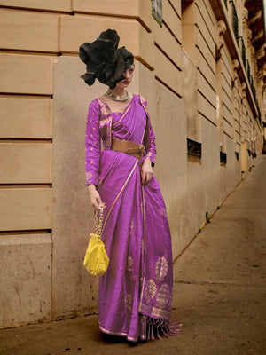 Rajwada Pink Satin Woven Saree With Unstitched Blouse For Women