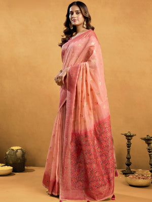 Rajwada Light Peach Cotton Blend Solid Saree For Women