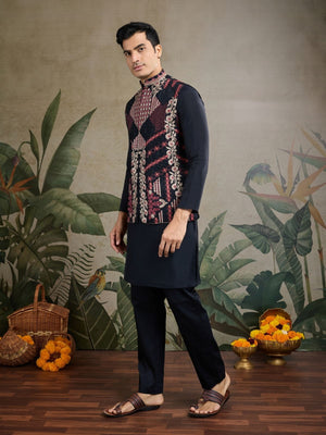 Rajwada Black Viscose Silk Embroidered Stitched Kurta For Men