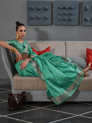 Rajwada Teal Silk Blend Woven Saree With Unstitched Blouse for Women
