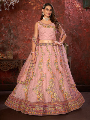 Rajwada Pink Net Embroidered Semi Stitched Lehenga With Unstitched Blouse for Women