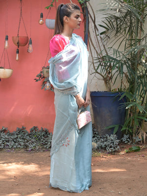 Rajwada Light Blue Mirror Work Embroidered Saree with Unstitched Blouse for Women