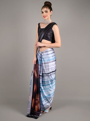 Black And Blue Silk Blend Digital Stripes Print Saree With Unstitched Blouse