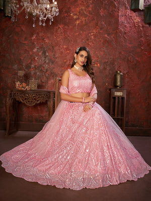 Rajwada Pink Net Embellished Semi Stitched Lehenga With Unstitched Blouse for Women