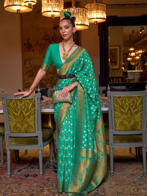 Rajwada Green Silk Blend Woven Saree With Unstitched Blouse for Women