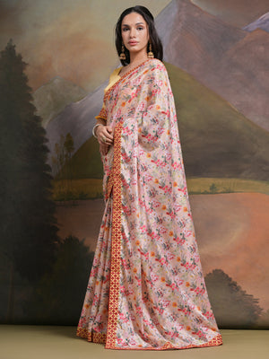 Rajwada Pink Printed Chiffon Saree With Unstitched Blouse For Women