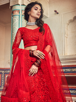 Rajwada Women Red Embroidered Soft Net Semi Stitched Lehenga With Unstitched Blouse