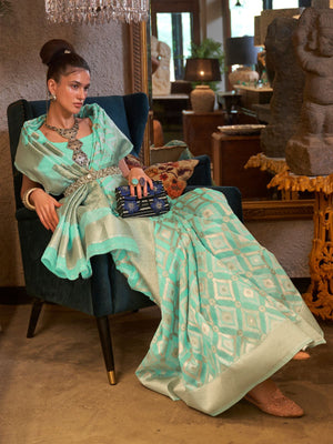 Rajwada Teal Linen Woven Saree With Unstitched Blouse for Women