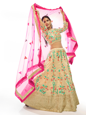 Rajwada Women Beige Embroidered Semi Stitched Lehenga With Unstitched Blouse