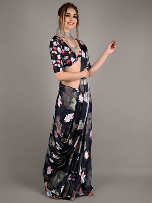 Black Silk Blend Digital Floral Print Saree With Unstitched Blouse