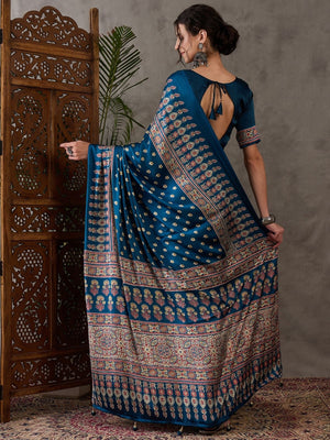 Rajwada Teal Blue Silk Blend Printed Elegant Saree For Women