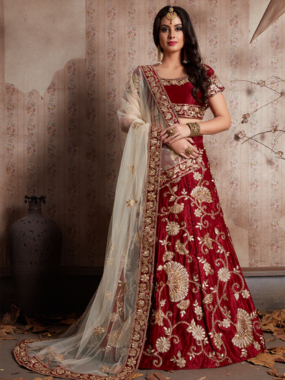 Rajwada Women Maroon Embroidered Semi Stitched Lehenga With Unstitched Blouse