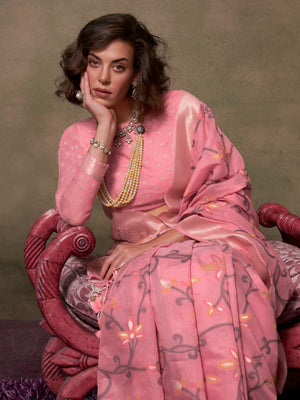 Rajwada Pink Silk Blend Woven Saree With Unstitched Blouse For Women