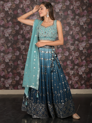 Rajwada Teal Stitched Sequins Embroidered Crepe Lehenga with Stitched Blouse And Dupatta For Women