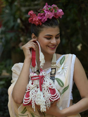 Odette Red Embroidered Potli Bag For Women