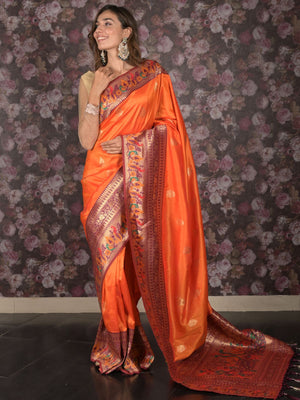 Rajwada Orange Woven Satin Saree With Unstitched Blouse For Women