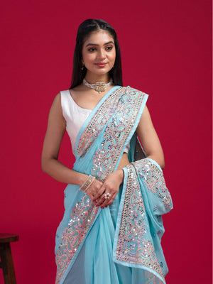 Rajwada - Blue Georgette Embroidered Saree with Unstitched Blouse