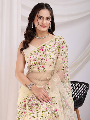 Rajwada Cream Net Embroidered Elegant Saree For Women