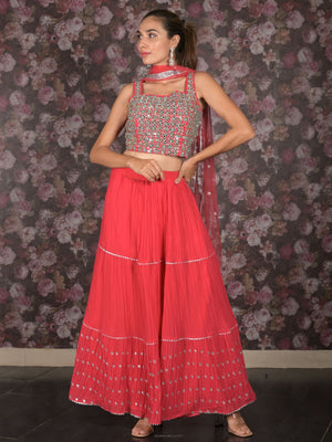 Rajwada Pink Mirror and Sequins Embroidered Georgette Stitched Lehenga with Stitched Blouse for Women