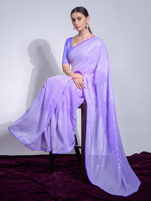 Rajwada Purple Embellished Georgette Saree With Unstitched Blouse For Women