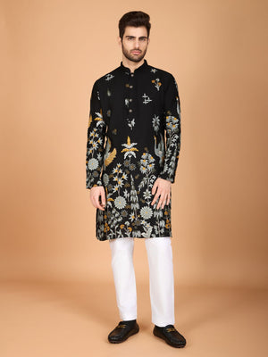 Rajwada Black Viscose Rayon Stitched Kurta For Men