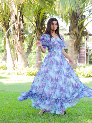 Rajwada Light Blue Georgette Stitched Printed Indo Western Dress For Women