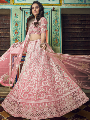 Rajwada Women Pink Embroidered Soft Net Semi Stitched Lehenga With Unstitched Blouse