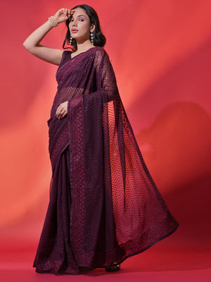 Rajwada Wine Embellished Georgette Saree With Unstitched Blouse For Women