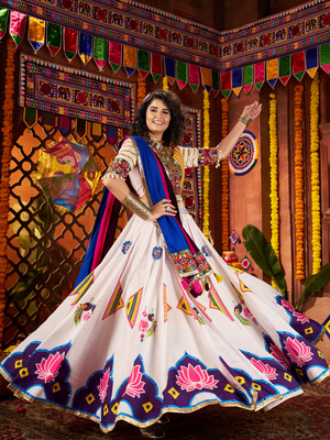 Rajwada White Silk Blend Printed Semi-Stitched Lehenga For Women