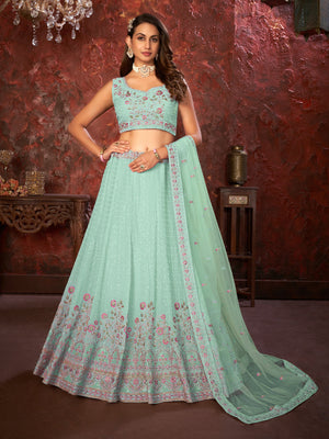 Rajwada Sky Blue Georgette Embellished Semi Stitched Lehenga With Unstitched Blouse for Women