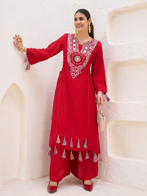 Rajwada Red Rayon Embroidered Stitched Kurta Set For Women