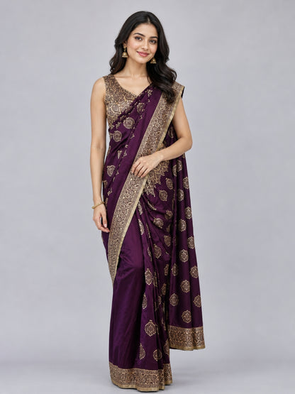 Wine Silk Blend Solid Saree