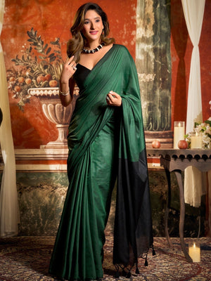 Rajwada Dark Green Cotton Blend Plain Saree For Women