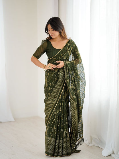 Rajwada Dark Olive Georgette Peacock Motifs Saree For Women