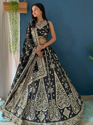 Rajwada Black Silk Blend Embroidered Semi-Stitched lehenga For Women