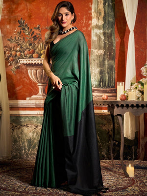 Rajwada Dark Green Cotton Blend Plain Saree For Women