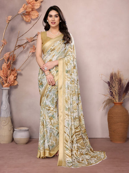Rajwada Cream Georgette Printed Saree For Women