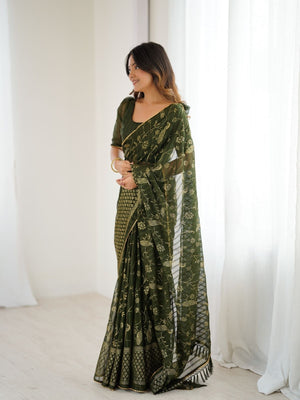 Rajwada Dark Olive Georgette Peacock Motifs Saree For Women