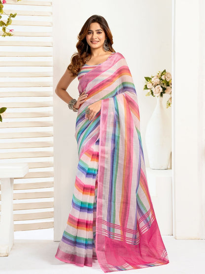 Rajwada Multicolour Cotton Linen Zari Work Saree For Women