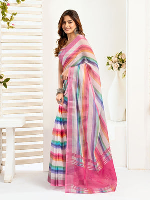 Rajwada Multicolour Cotton Linen Zari Work Saree For Women