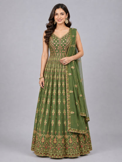 Olive Green Silk Blend Embellished Lehenga